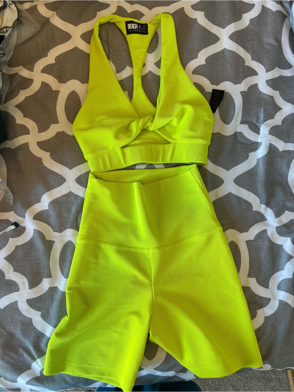 Beach Riot Neon Lime Ribbed Twist Bralette & High-Waist Bike Shorts Set